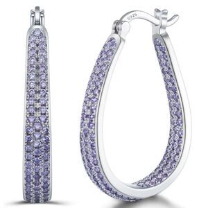 14K White Gold Sterling Silver with Purple Amethyst Cubic Zirconia Hoop Earrings